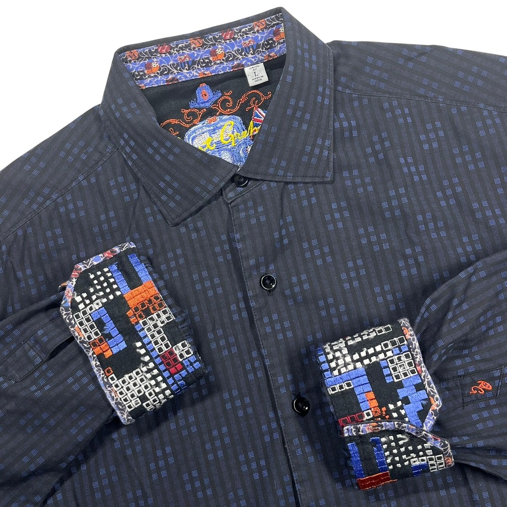 Robert Graham Classic Fit Button Down Shirt Mens L Navy Blue Geometric Flip Cuff